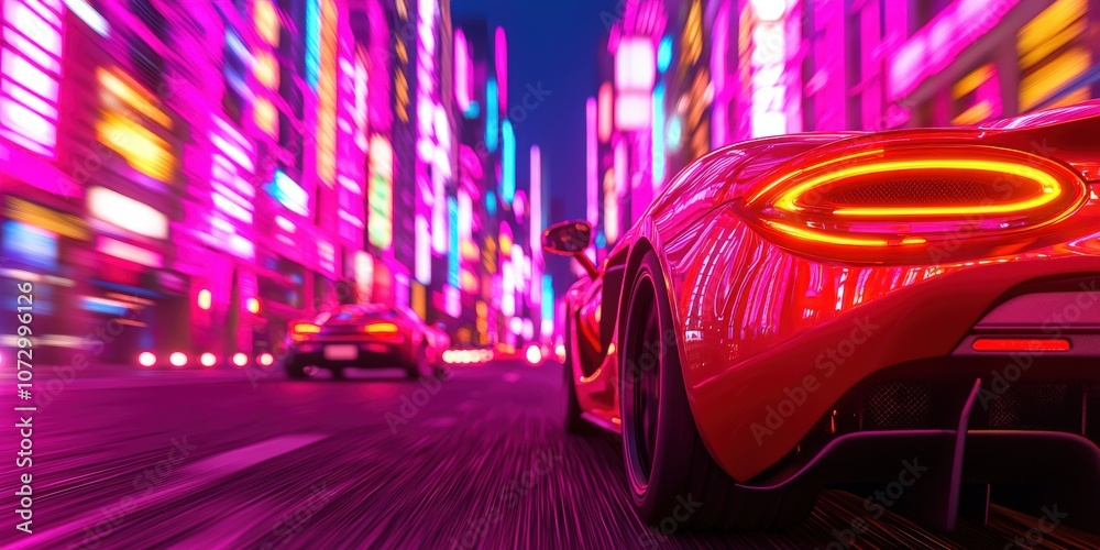 A vibrant city scene featuring a sleek red sports car driving through neon-lit streets, showcasing a futuristic nightlife atmosphere. A vibrant city scene featuring a sleek red sports car driving through neon-lit streets, showcasing a futuristic nightlife atmosphere.