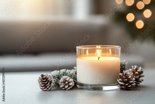 A cozy candlelit scene with a glowing candle surrounded by frosted pinecones, evoking warmth and holiday cheer