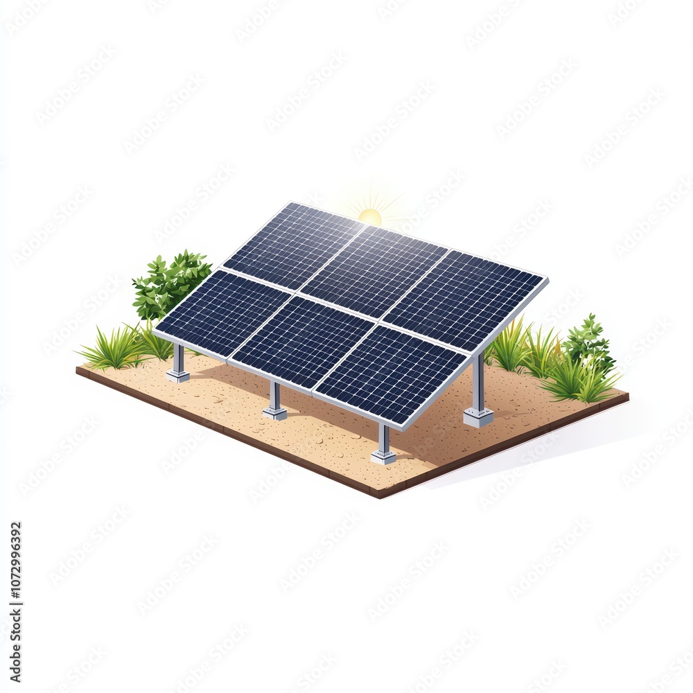 Solar panels installed on a sandy ground with greenery around, capturing sunlight for renewable energy. Solar panels installed on a sandy ground with greenery around, capturing sunlight for renewable energy.