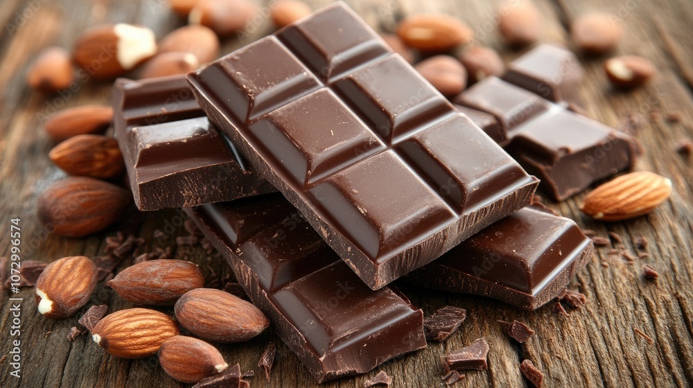 Delicious Dark Chocolate Bars with Almonds on Rustic Wooden Table Delicious Dark Chocolate Bars with Almonds on Rustic Wooden Table
