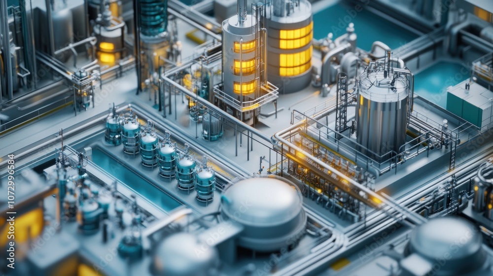 A detailed 3D rendering of an industrial complex, showing intricate pipes, tanks, and machinery. A detailed 3D rendering of an industrial complex, showing intricate pipes, tanks, and machinery.