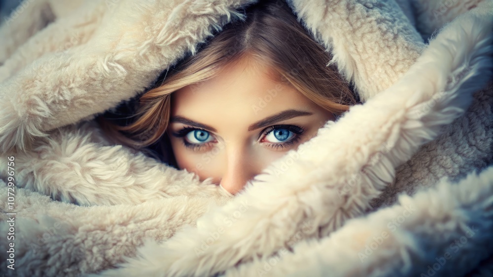 Playful Elegance: A Woman with Striking Blue Eyes Peeks from Behind a Cozy Blanket, Capturing the Essence of Curiosity and Whimsy in Fashion Photography Playful Elegance: A Woman with Striking Blue Eyes Peeks from Behind a Cozy Blanket, Capturing the Essence of Curiosity and Whimsy in Fashion Photography