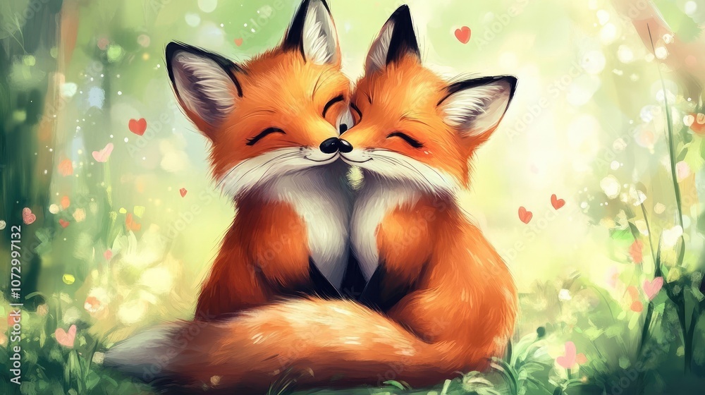 Obraz premium Adorable Fox Couple Cuddling in Enchanting Forest Setting with Heart Elements