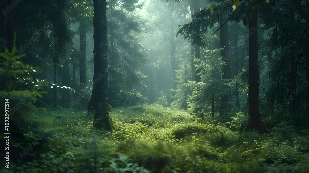 A beautiful fairytale enchanted forest with big trees and great vegetation. Digital painting background� A beautiful fairytale enchanted forest with big trees and great vegetation. Digital painting background�