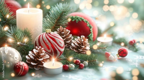 A festive arrangement of candles, ornaments, and pinecones on a decorated table, creating a warm Christmas ambiance