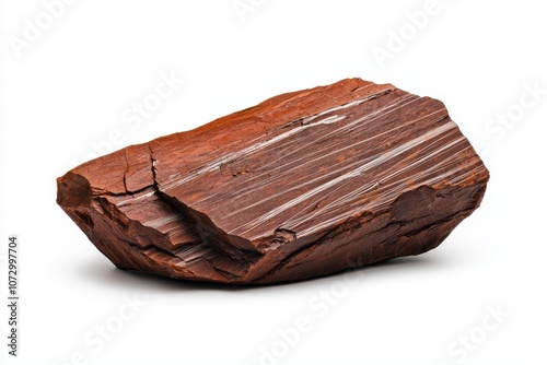 A beautiful piece of petrified wood with rich red tones on a white isolated background.