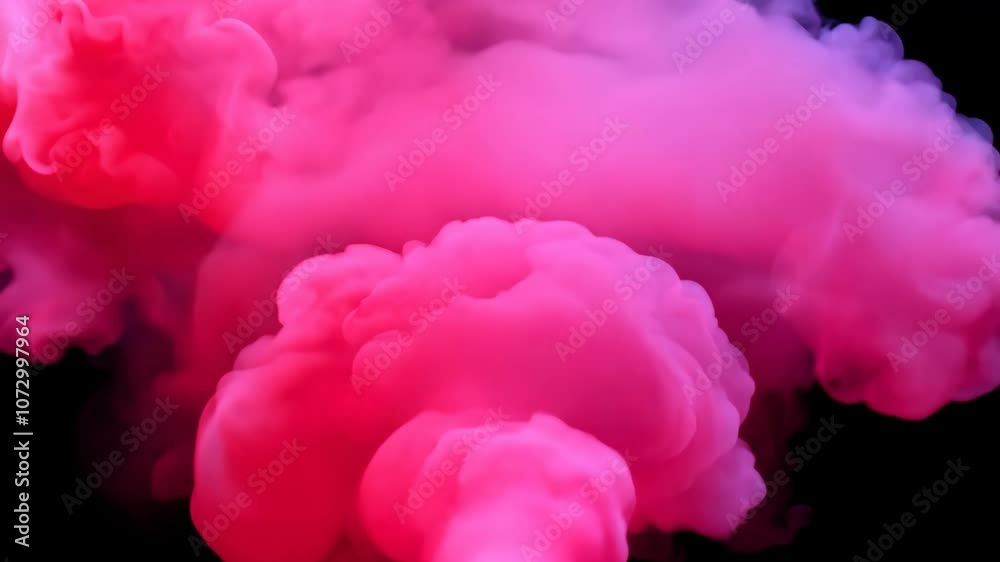 Vivid neon pink cloud of smoke bursting from the center with a playful, energetic glow against a dark background, creating a dynamic and captivating visual