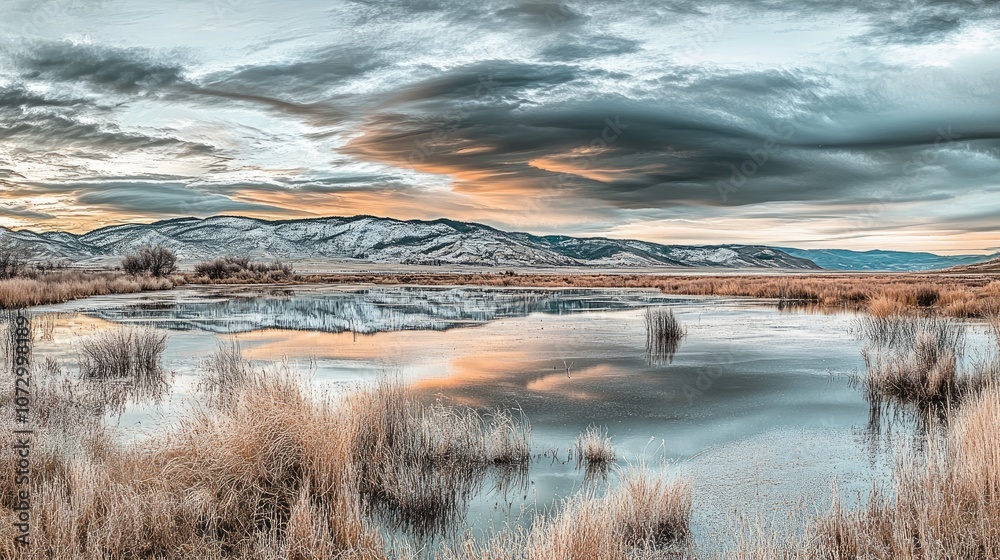 Obraz premium Serene Mountain Landscape with Reflective Pond and Dramatic Cloudscape at Sunset