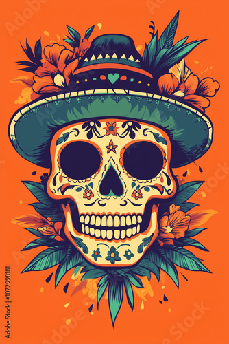 Colorful illustration of a sugar skull decorated with flowers, celebrating the day of the dead, Ai