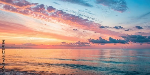 A serene ocean horizon at sunset, with soft pink and blue clouds reflecting on the calm waters.