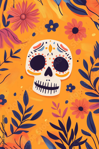 Colorful illustration of a sugar skull decorated with flowers, celebrating the day of the dead, Ai