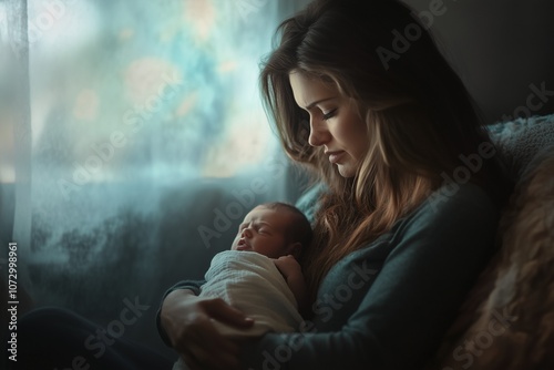 A poignant illustration of a young mother holding her newborn baby, with a sorrowful expression, symbolizing the emotional struggles of postpartum depression, ideal for topics related to mental health photo