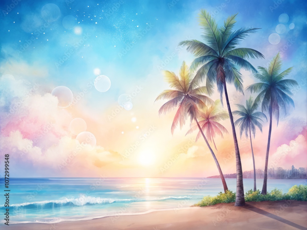 Fototapeta premium Serene Minimalist Watercolor of Palm Trees on a Tropical Seashore in Soft Pink and Blue Tones, Capturing the Essence of a Sunny Morning Landscape with Copy Space