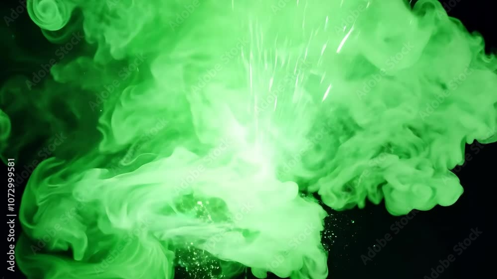 A vivid green explosion with sparks and swirling smoke illuminates the dark background, casting an eerie and dynamic glow, creating a bold, energetic effect


