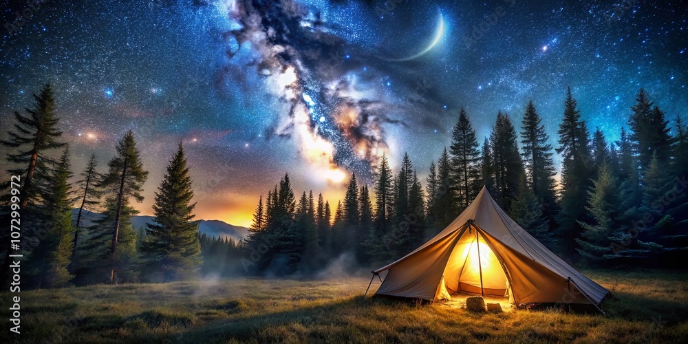 A lone tent glows with warm light, illuminated by the ethereal glow of a crescent moon and a star-filled sky, a testament to the tranquility found in nature's embrace. A lone tent glows with warm light, illuminated by the ethereal glow of a crescent moon and a star-filled sky, a testament to the tranquility found in nature's embrace.