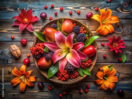 Serene Still Life with Lilies and Berries Captured from Above in Nature's Color Palette, Showcasing the Beauty and Harmony of Floral and Fruity Elements in a Tranquil Setting photo