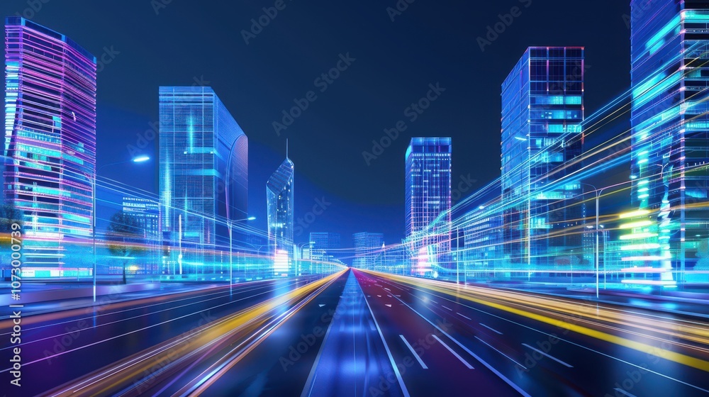 Futuristic cityscape with glowing lines and neon lights, showcasing a technology concept that embodies innovation and vibrant urban living.