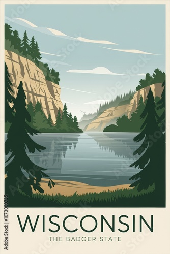 Vintage Travel Poster of Wisconsin: Scenic Lake and Cliffs in a Retro Design, Capturing the Beauty of The Badger State in Bold, Nostalgic Colors