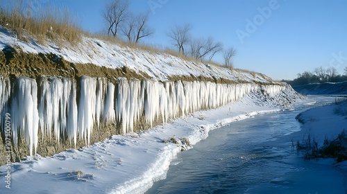 97. Side view of a snow-lined river bank with icicles hanging above photo