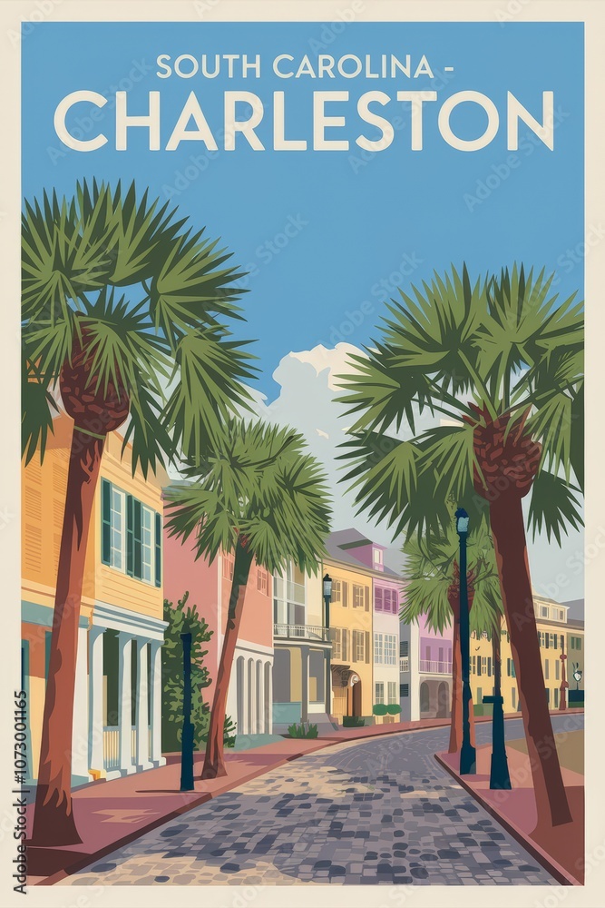 Fototapeta premium Vintage Travel Poster of Charleston, South Carolina: A Charming Street Scene with Colorful Houses and Lush Palm Trees Under a Bright Blue Sky