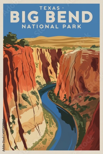 Vintage Travel Poster: Explore the Majestic Landscapes of Texas Big Bend National Park - Stunning Canyons and Serene River Views Await Adventure!