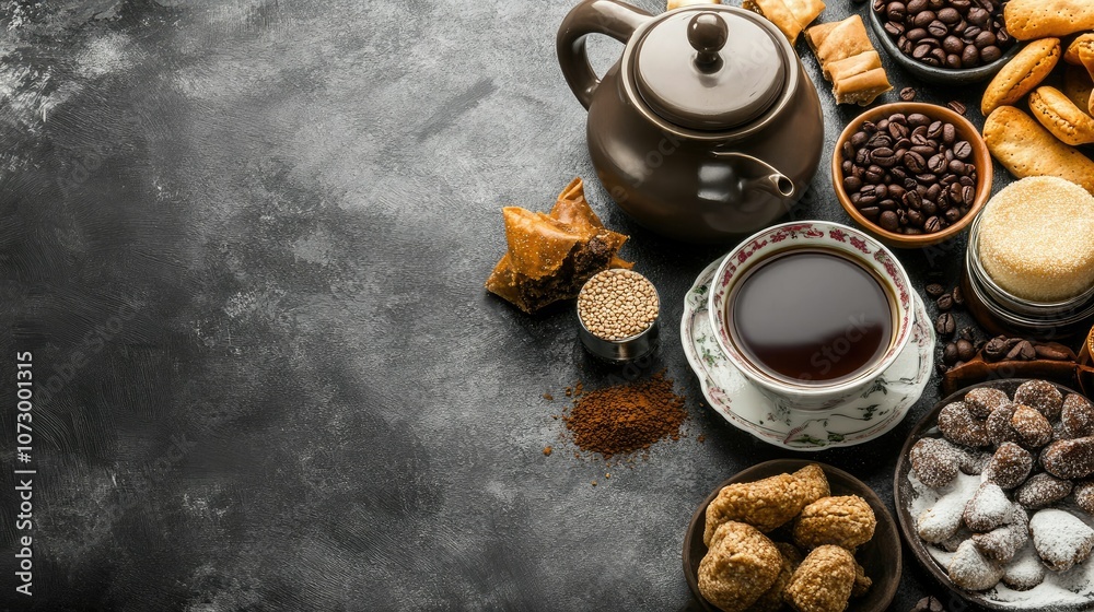 Assorted Coffee and Tea Ingredients on Dark Background Assorted Coffee and Tea Ingredients on Dark Background