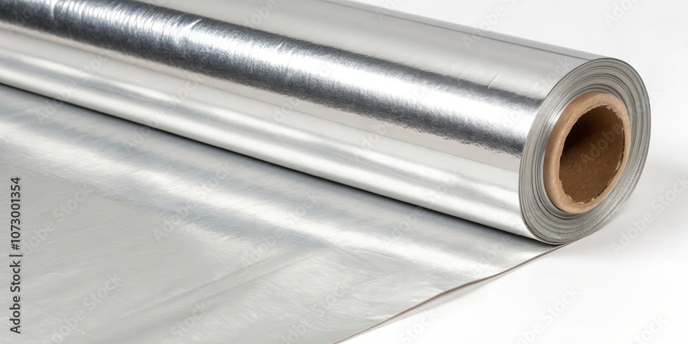 A shiny aluminum foil roll on a white background, the foil unfurling to reveal the metallic surface A shiny aluminum foil roll on a white background, the foil unfurling to reveal the metallic surface