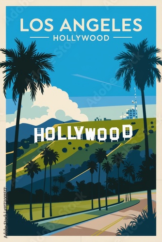 Vintage Travel Poster: Explore Los Angeles with its Iconic Hollywood Hills, Lush Palm Trees, and Retro Design â€“ A Nostalgic Tribute to Californias Glamour