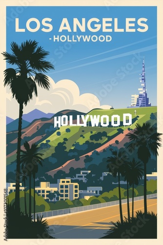 Vintage Travel Poster: Explore the Enchantment of Los Angeles - Hollywood Hills, Palm Trees, and Iconic Landmarks Await Your Adventure