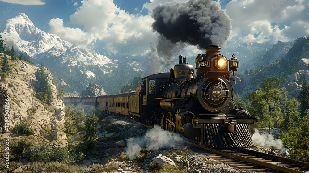 Obraz premium A vintage steam locomotive train journeys through a mountain valley, leaving a trail of smoke and steam.