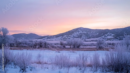 12. Wide-angle view of a mountain range blanketed in snow with a pinkish winter sunset on the horizon