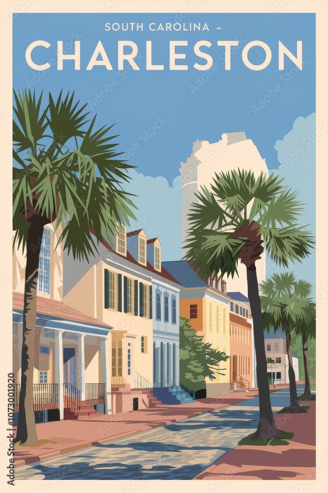Fototapeta premium Vintage Travel Poster of Charleston, South Carolina: Captivating Southern Charm with Iconic Architecture and Lush Palm Trees in a Retro Color Palette