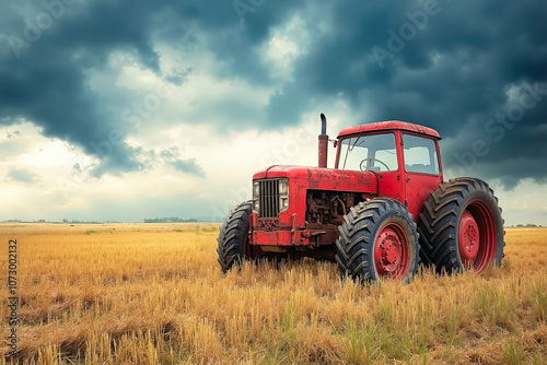 A red tractor sitting in the middle of a field of wheat