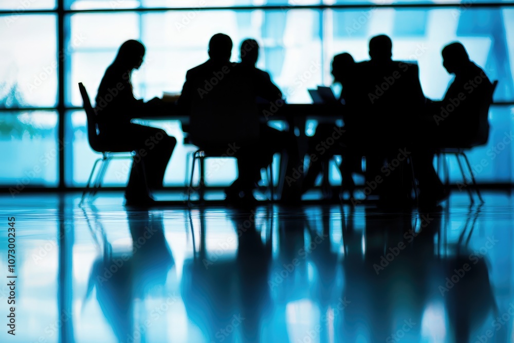 A professional business meeting in a modern office with people discussing around a table. A professional business meeting in a modern office with people discussing around a table.