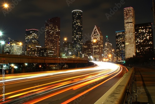 A cityscape at night with glowing skyscrapers and light trails from passing vehicles.