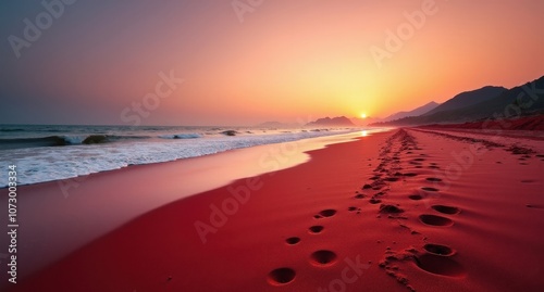 Bright red reeds covering the shore at Red Beach, Panjin, China, creating a unique, vibrant landscape under natural light, with deep red hues against a blue sky.