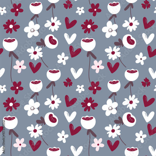 Seamless floral pattern based on traditional folk art ornaments. Colorful flowers on color background. Scandinavian style. Sweden nordic style. Vector illustration. Simple minimalistic pattern