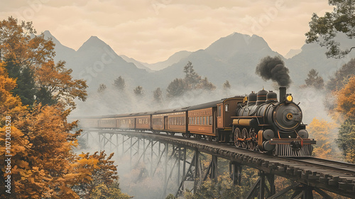 A vintage steam train traverses a wooden trestle bridge through a misty mountain valley.