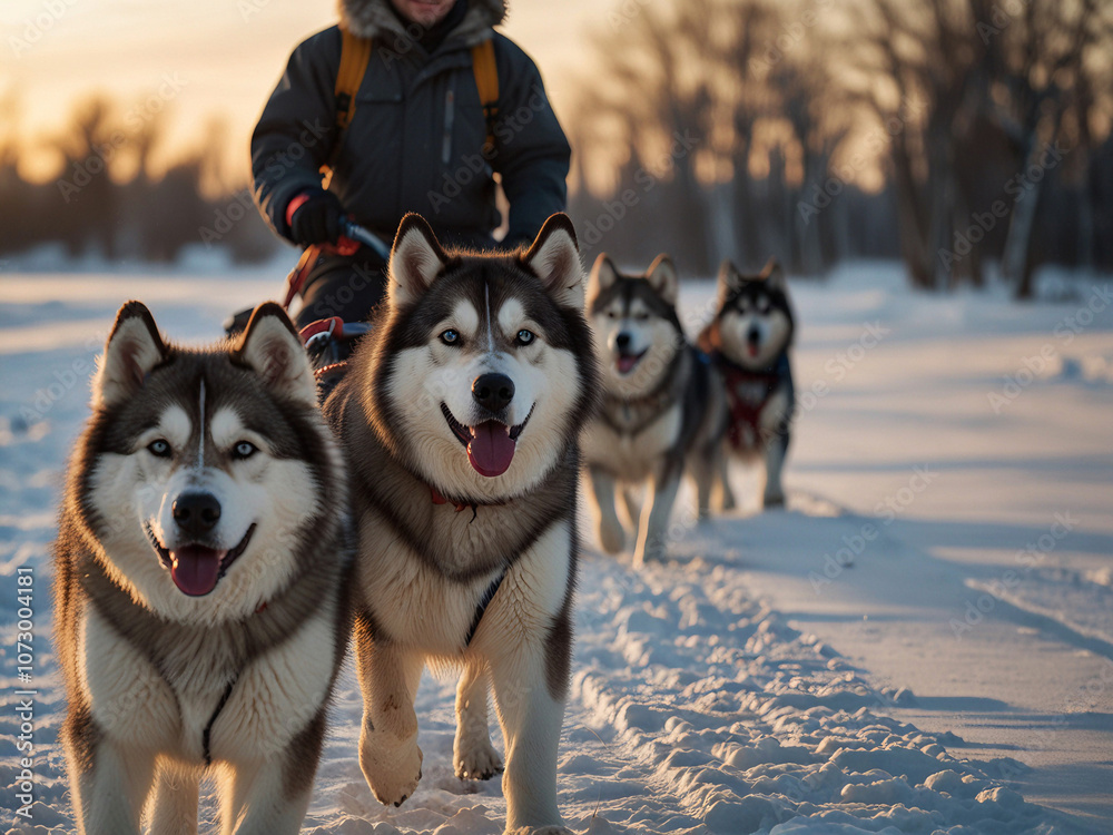 Sled dogs pulling a sled in the snow covered field Sled dogs pulling a sled in the snow covered field