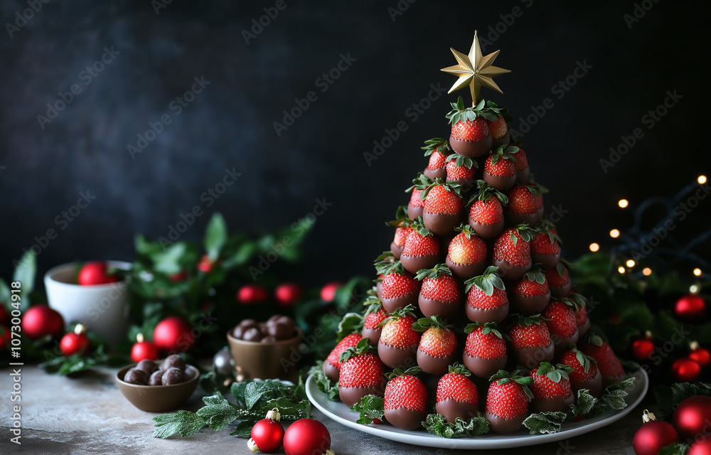 Chocolate covered strawberries arranged in festive tree shape, perfect for holiday celebrations. This delightful dessert features fresh strawberries, chocolate, and decorative elements