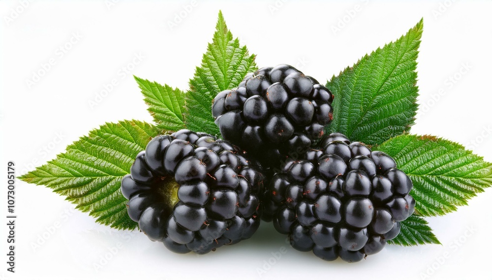 Blackberries with leaves isolated on white background.