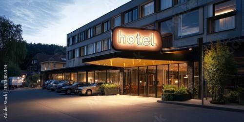 Modern Hotel Exterior at Night  photo