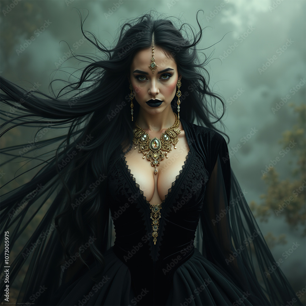 Dark Queen of the enchanted forest. A captivating portrait of a woman embodying a gothic dark queen or sorceress.