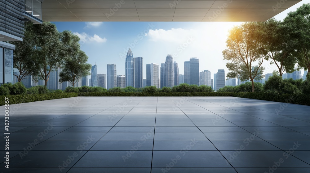 Fototapeta premium A modern architectural view with a spacious urban plaza and a skyline in the background, illuminated by the sun.