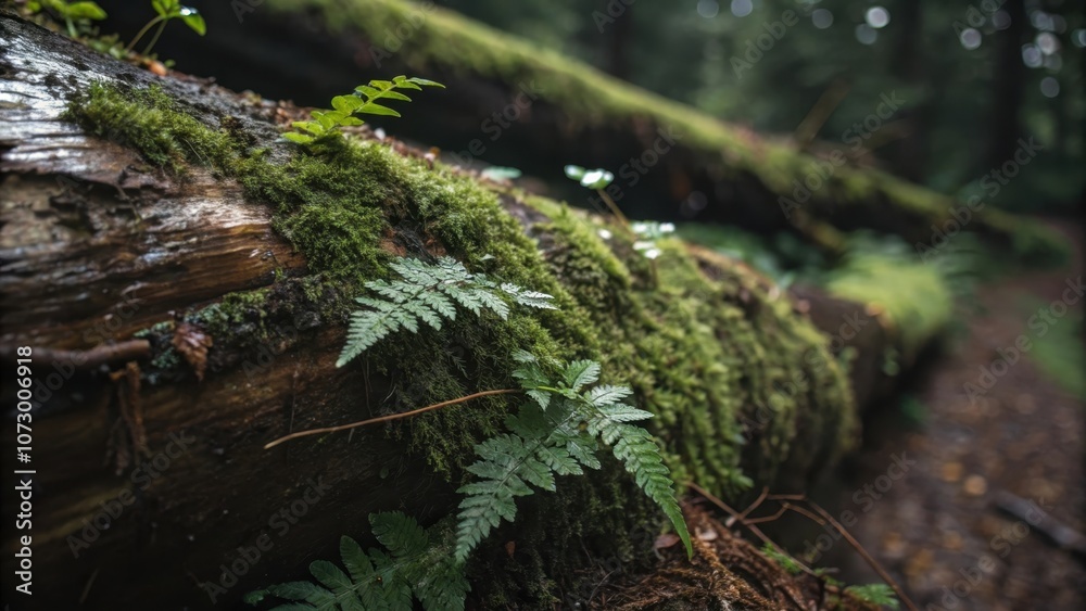 A fallen log, covered in vibrant moss, sits amidst the lush greenery of the forest floor, with delicate ferns reaching towards the sun. A fallen log, covered in vibrant moss, sits amidst the lush greenery of the forest floor, with delicate ferns reaching towards the sun.