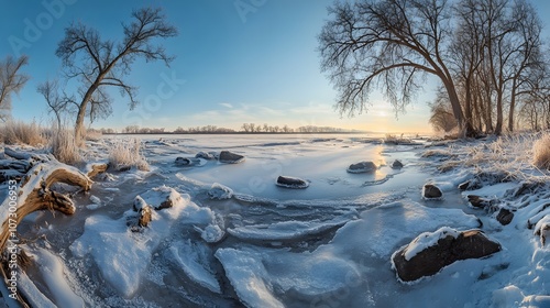 90. Wide-angle view of a frozen riverbed with snow-dusted stones and branches photo