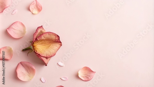 A Single Rose Petal and Scattered Delicate Pink Rose Petals on a Soft Pastel Pink Background