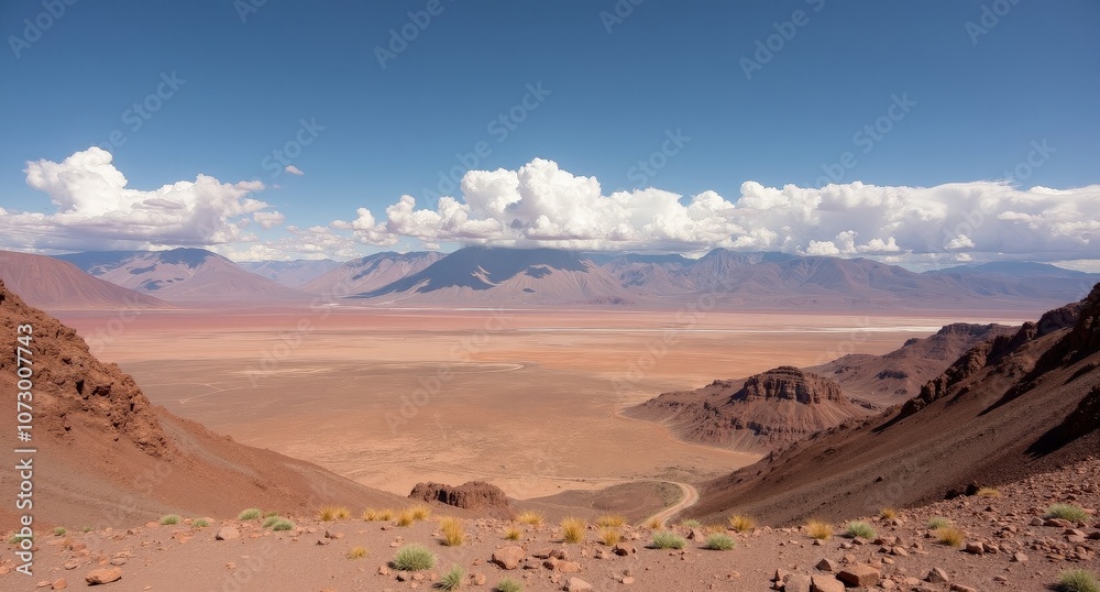 Fototapeta premium Atacama Desert, Chile, arid desert landscape with vast salt flats and distant mountains under a clear sky, showcasing the stark beauty of one of the world’s driest places.
