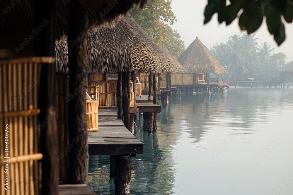 A tranquil resort with thatched-roof bungalows over a calm lagoon, perfect for a dream vacation. A tranquil resort with thatched-roof bungalows over a calm lagoon, perfect for a dream vacation.