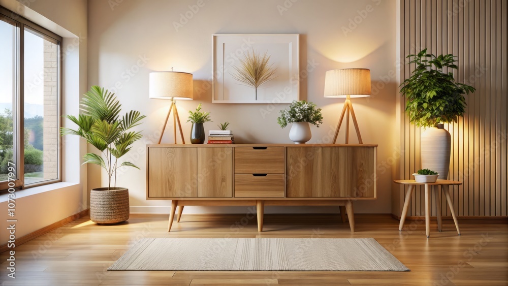 Stylish Interior Design with Wooden Sideboard and Modern Lamp in a Bright, Spacious Room Featuring Minimal Decor – Perfect for Home Decor Inspiration and Lifestyle Imagery Stylish Interior Design with Wooden Sideboard and Modern Lamp in a Bright, Spacious Room Featuring Minimal Decor – Perfect for Home Decor Inspiration and Lifestyle Imagery